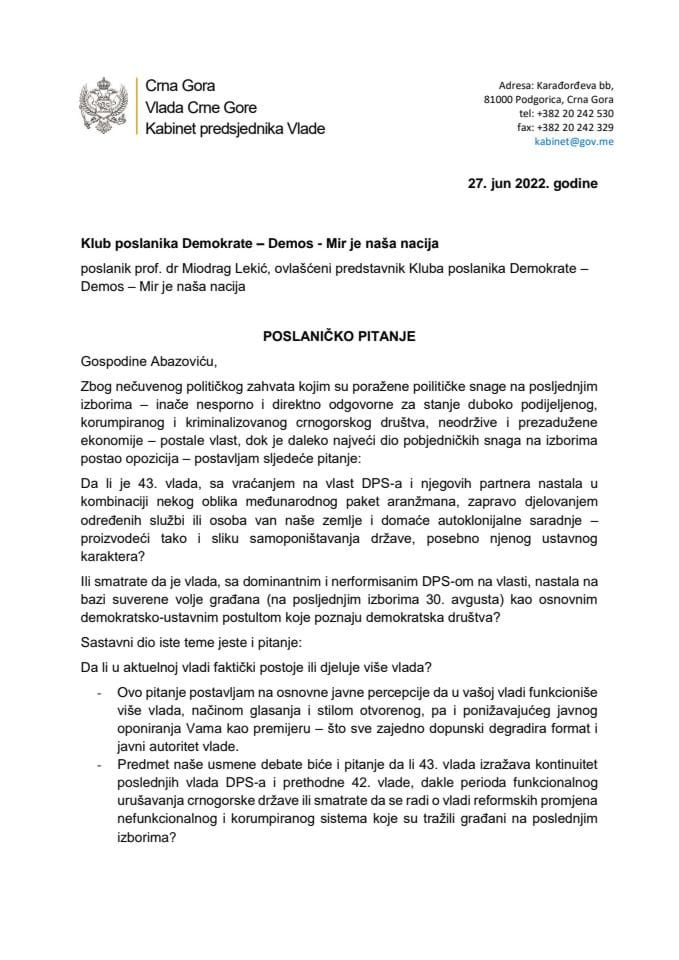 Писани одговор предсједника Владе др Дритана Абазовића на посланичко питање Миодрага Лекића
