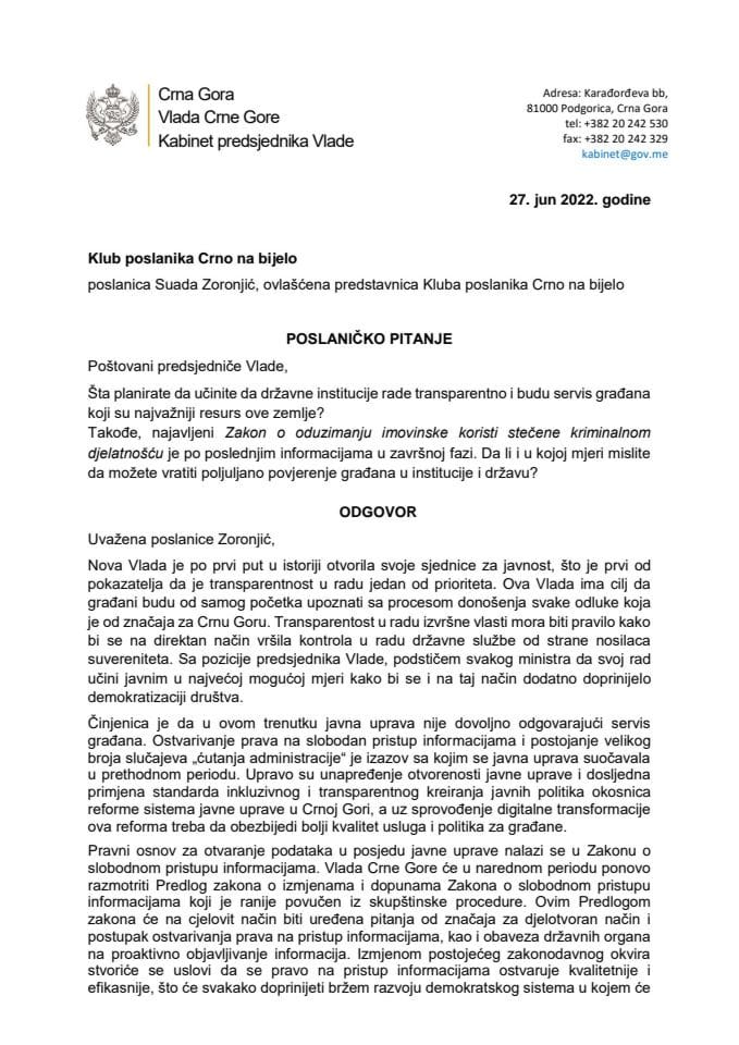 Pisani odgovor predsjednika Vlade dr Dritana Abazovića na poslaničko pitanje Suade Zoronjić