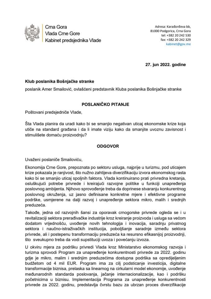 Pisani odgovor predsjednika Vlade dr Dritana Abazovića na poslaničko pitanje Amera Smailovića