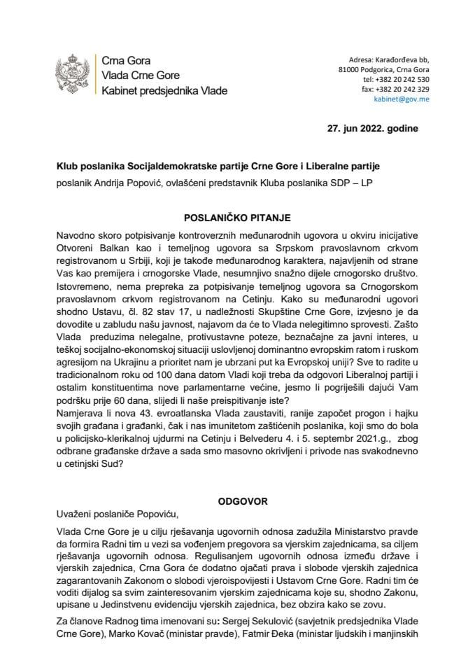 Pisani odgovor predsjednika Vlade dr Dritana Abazovića na poslaničko pitanje Andrije Popovića