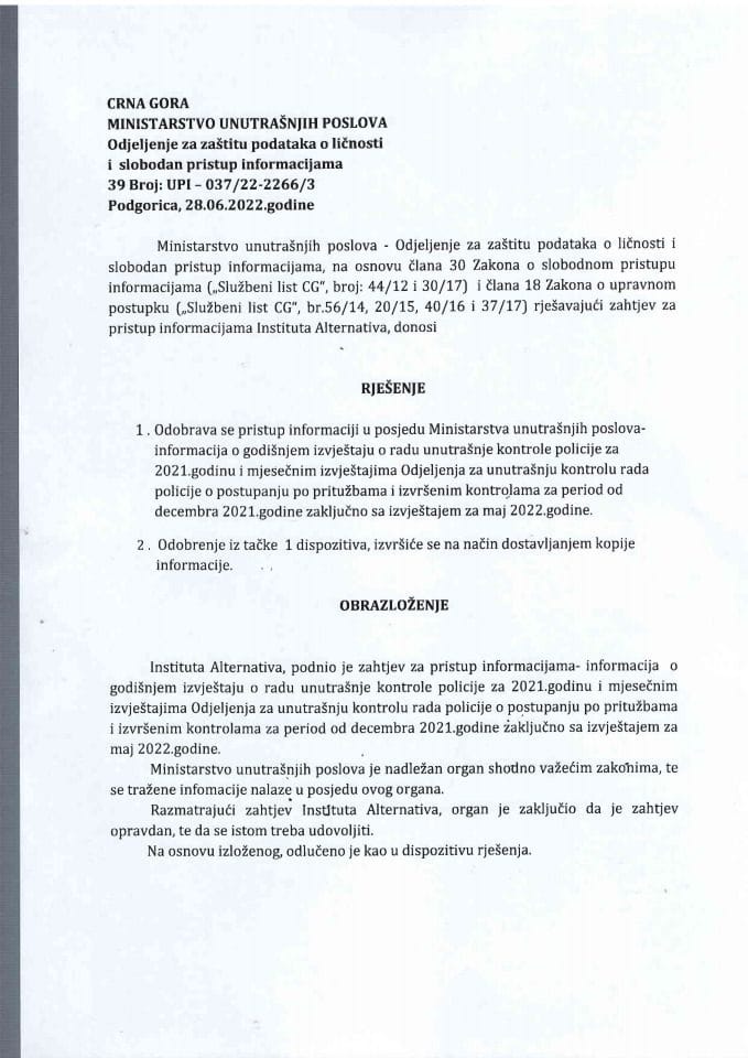 rješenje br. 39-UPI-037/22-2266/3