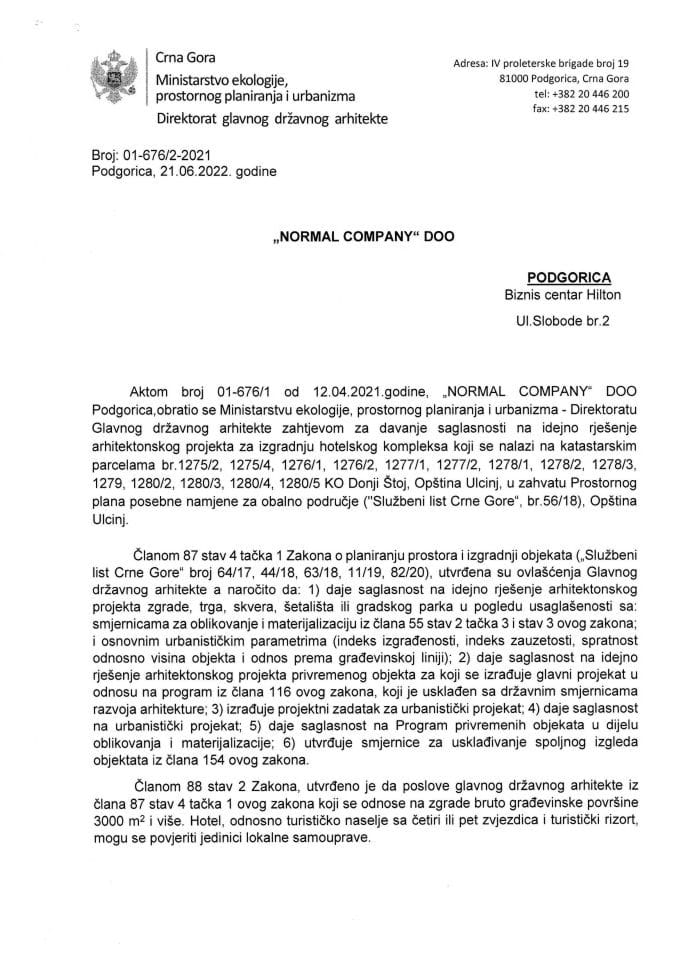21.06.2022. - Obavještenje - NORMAL COMPANY D.O.O Podgorica - Opština Ulcinj