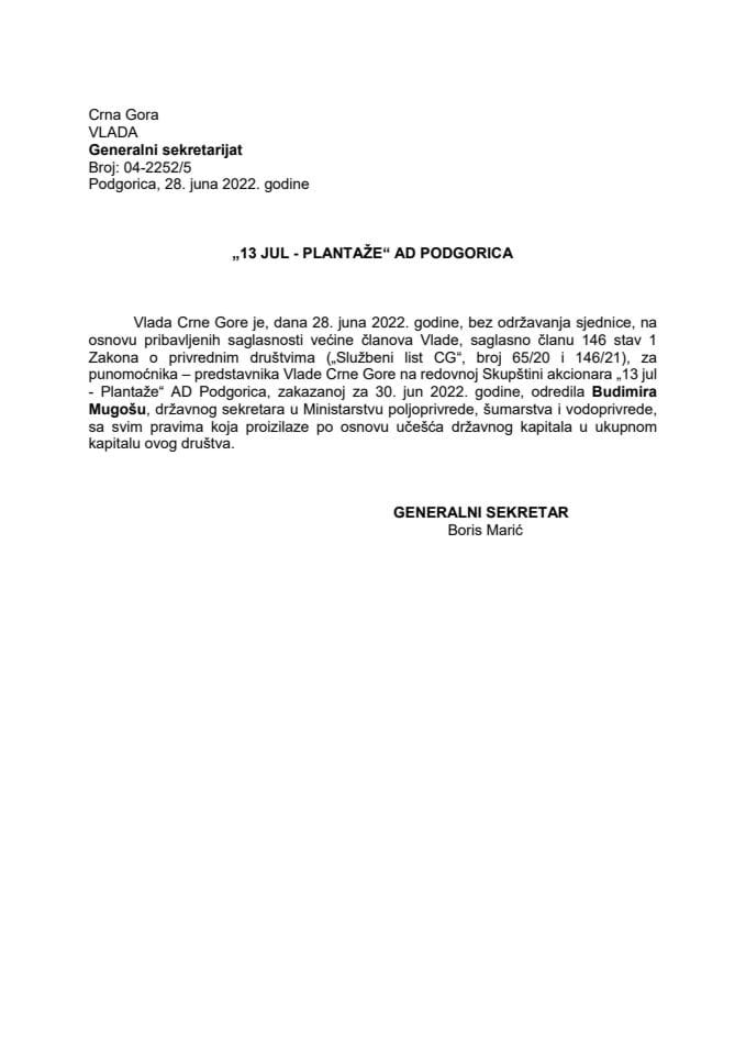 Predlog za određivanje punomoćnika – predstavnika Vlade Crne Gore na redovnoj Skupštini akcionara „13 jul - Plantaže“ AD Podgorica