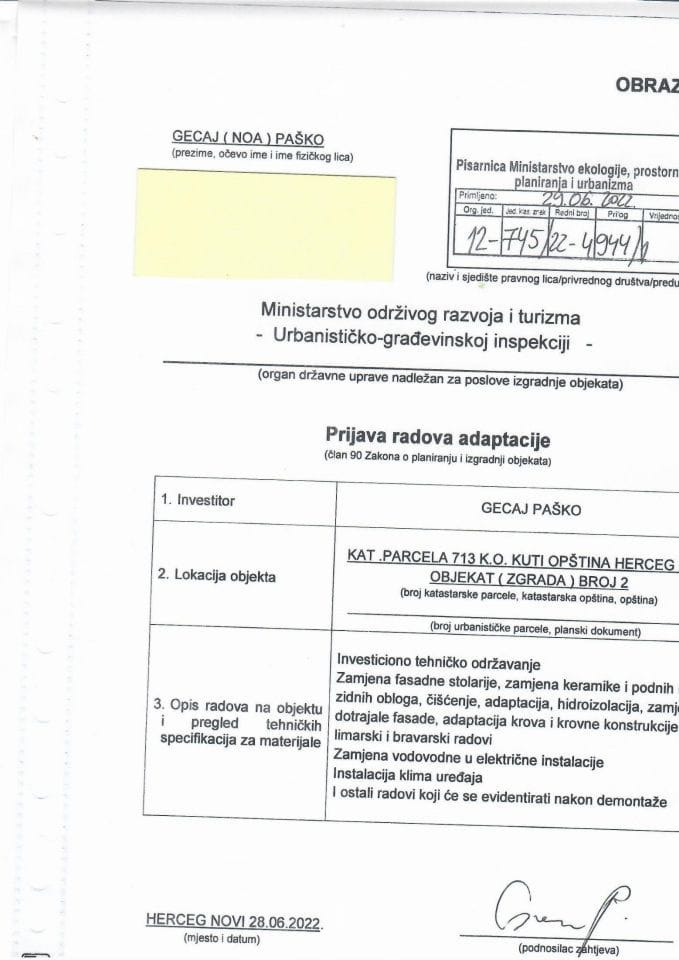 Пријава радова адаптације - 12-745-22-4944-1 ГЕЦАЈ ПАШКО
