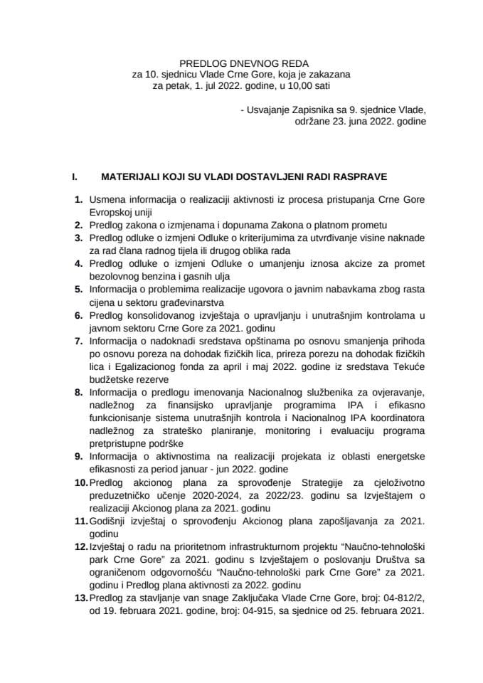 Предлог дневног реда за 10. сједницу Владе Црне Горе