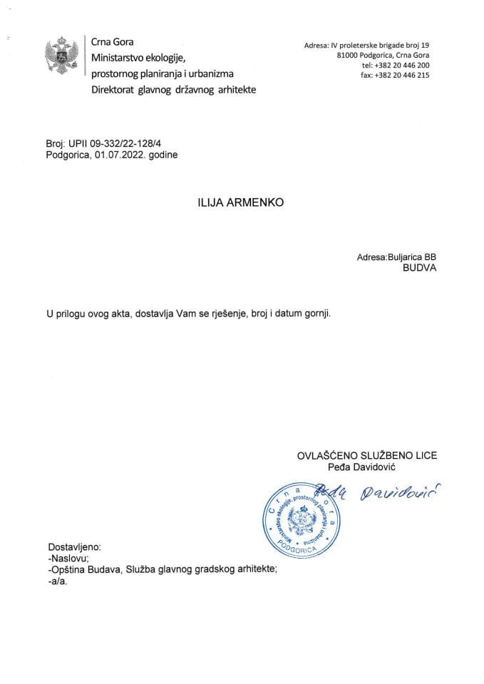 Rješenja po žalbi glavnog državnog arhitekte - 01.07.2022. - Rješenje po žalbi - Ilija Armenko Budva - Opština Budva