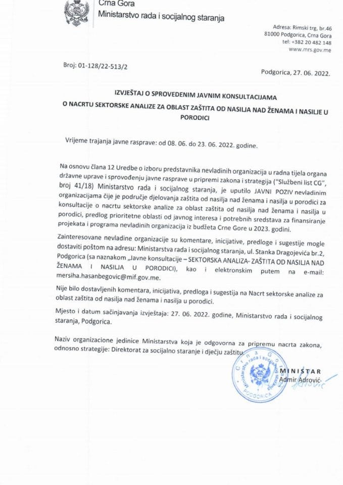 Izvještaj o sprovedenim javnim konsultacijama o nacrtu sektorske analize za oblast zaštita od nasilja nad ženama i nasilje u porodici - 2023. godina