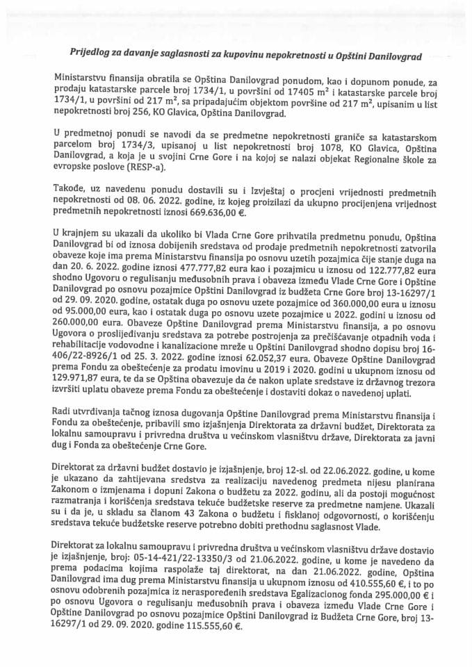 Предлог за давање сагласности за куповину непокретности у Општини Даниловград с Предлогом уговора о купопродаји непокретности