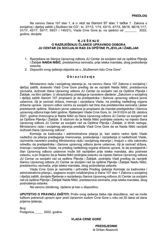 Predlog za razrješenje i imenovanje člana Upravnog odbora JU Centar za socijalni rad za opštine Pljevlja i Žabljak