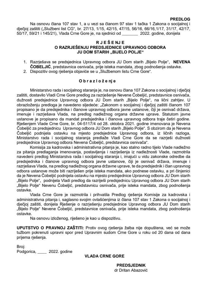 Predlog za razrješenje i imenovanje predsjednice Upravnog odbora JU Dom starih "Bijelo Polje"