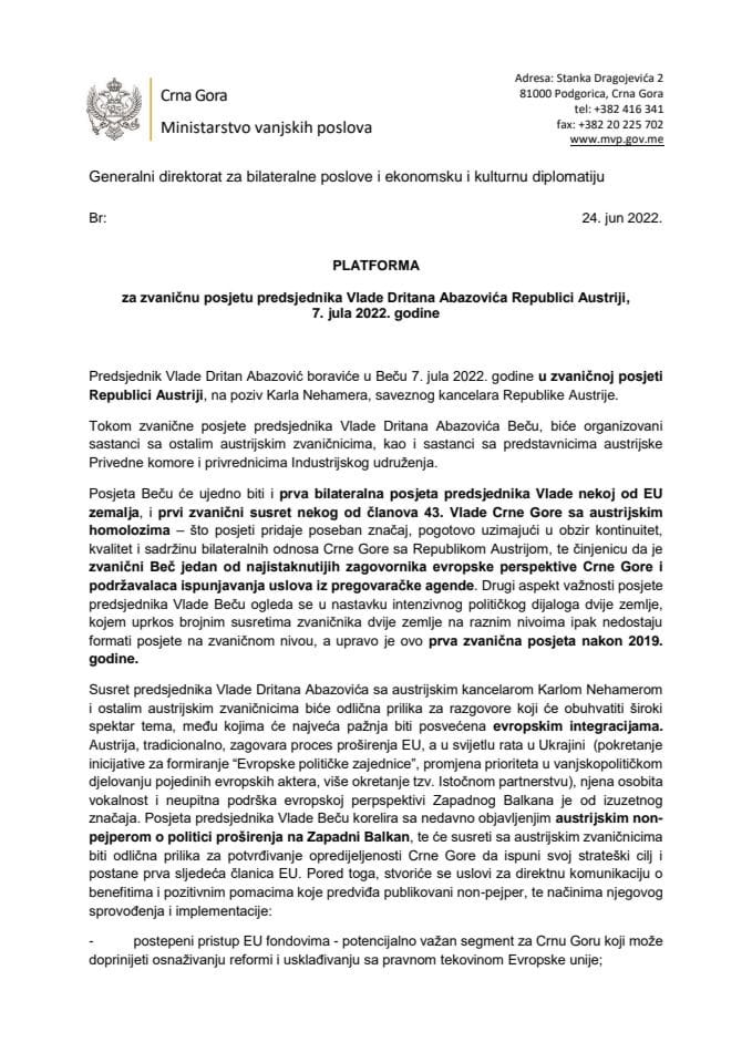 Predlog platforme za zvaničnu posjetu predsjednika Vlade Dritana Abazovića Republici Austriji, 7. jula 2022. godine (bez rasprave)