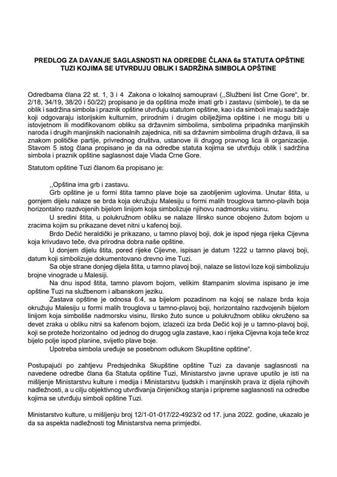 Predlog za davanje saglasnosti na odredbe člana 6 a Statuta opštine Tuzi, kojima se utvrđuju oblik i sadržina simbola opštine