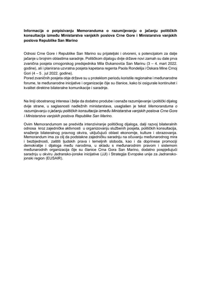 Информација о потписивању Меморандума о разумијевању о јачању политичких консултација између Министарства вањских послова Црне Горе и Министарства вањских послова Републике Сан Марино