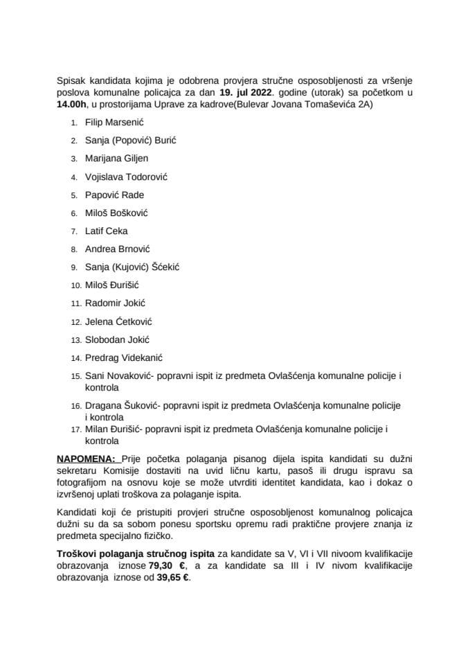 Списак канидата - 19. јул 2022.