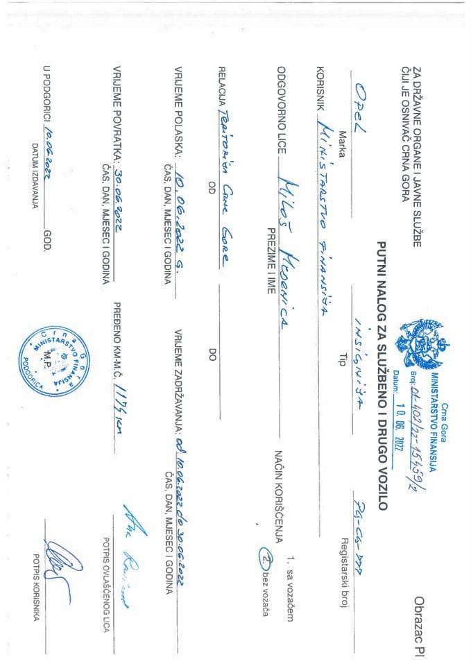 Putni nalozi za kontrolu upotrebe službenih i drugih vozila i potrošnja goriva, Ministarstvo finansija PG-CG 777