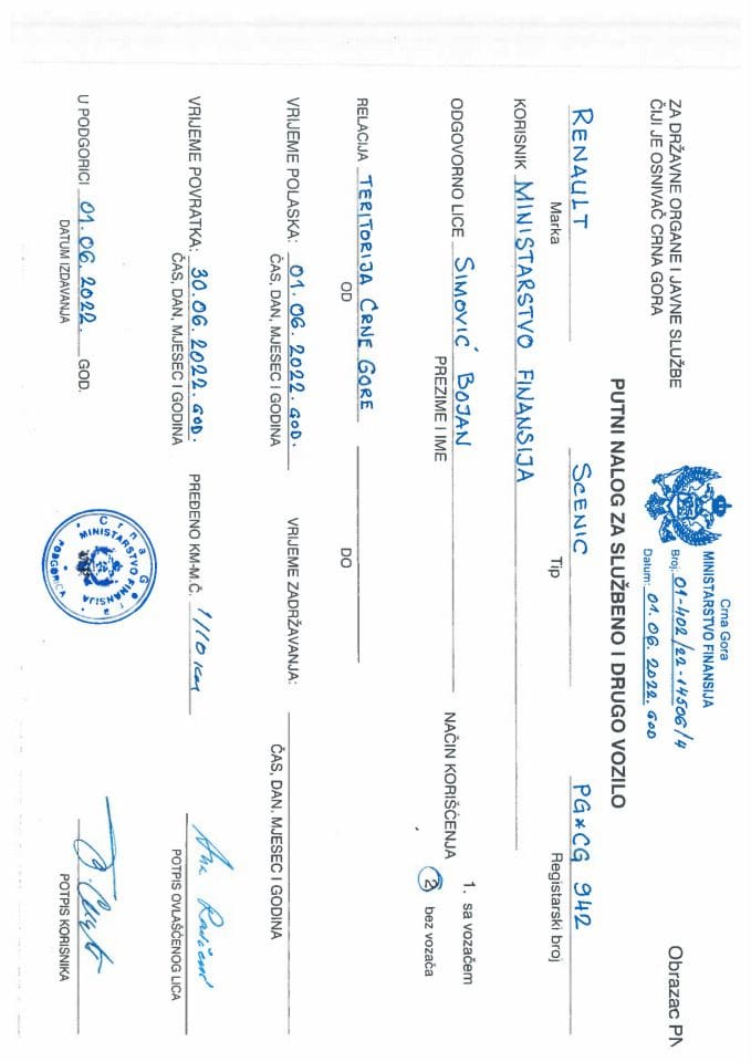 Putni nalozi za kontrolu upotrebe službenih i drugih vozila i potrošnja goriva, Ministarstvo finansija PG-CG 942