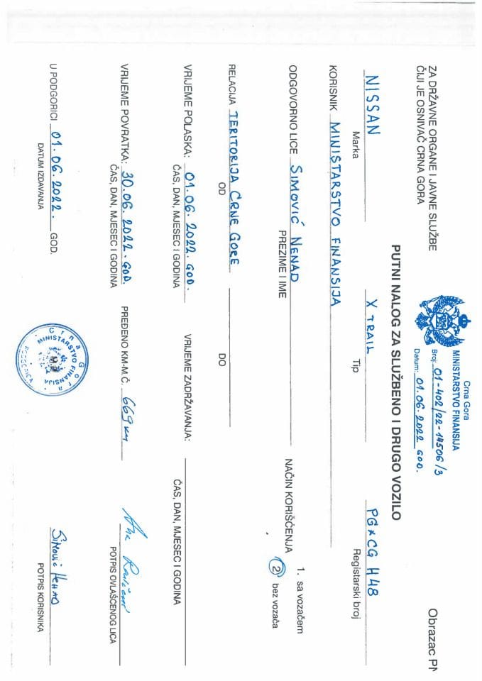 Putni nalozi za kontrolu upotrebe službenih i drugih vozila i potrošnja goriva, Ministarstvo finansija PG-CG H48