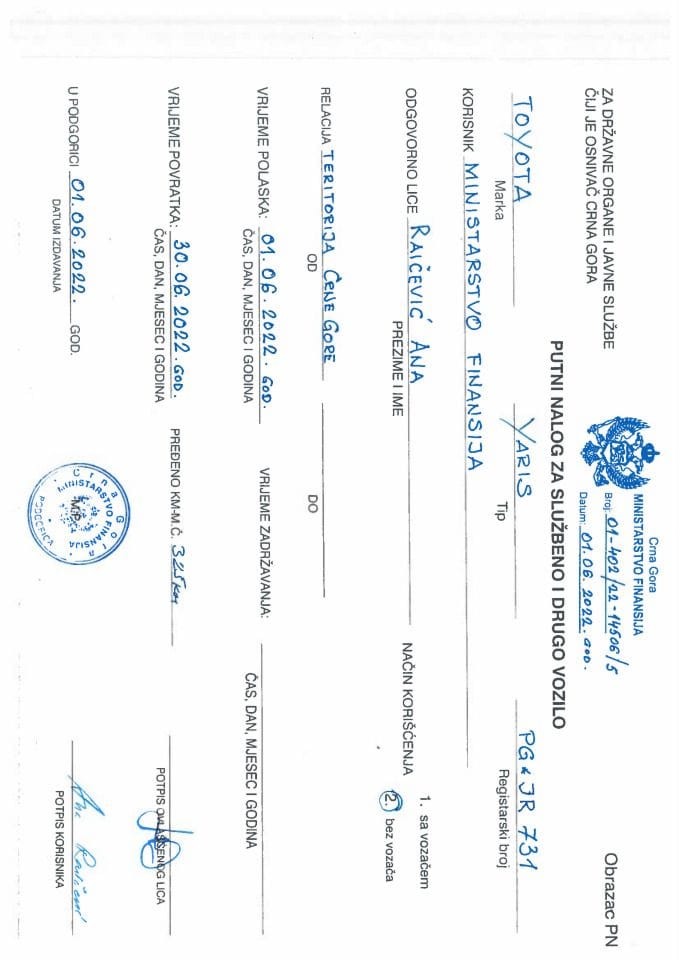 Putni nalozi za kontrolu upotrebe službenih i drugih vozila i potrošnja goriva, Ministarstvo finansija PG-JR 731