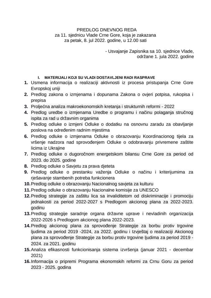 Предлог дневног реда за 11. сједницу Владе Црне Горе