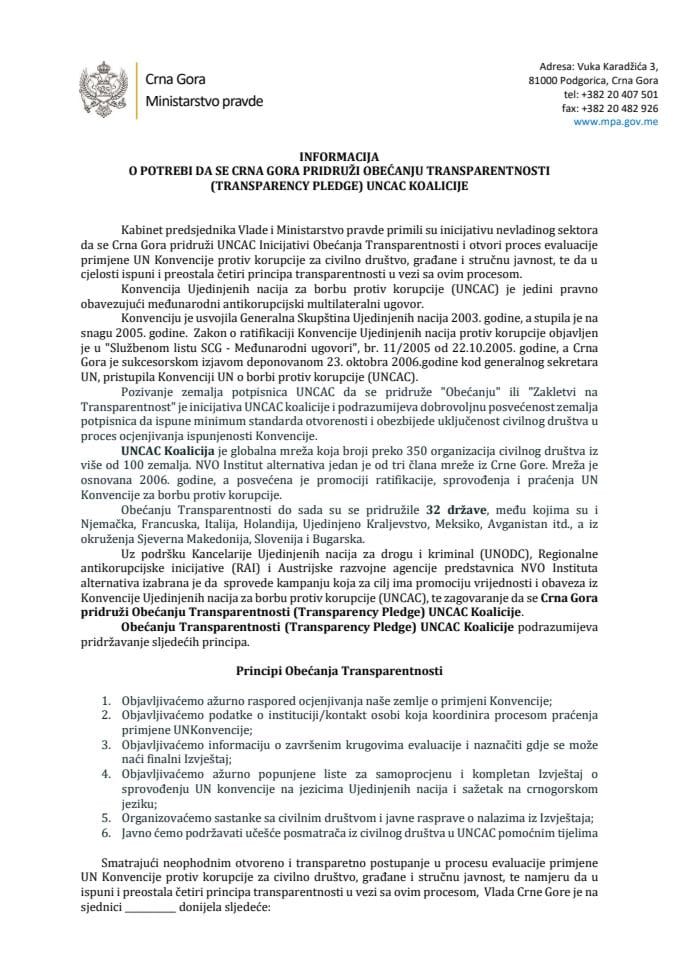 Informacija o potrebi da se Crna Gora pridruži Obećanju Transparentnosti (Transparency Pledge) UNCAC koalicije