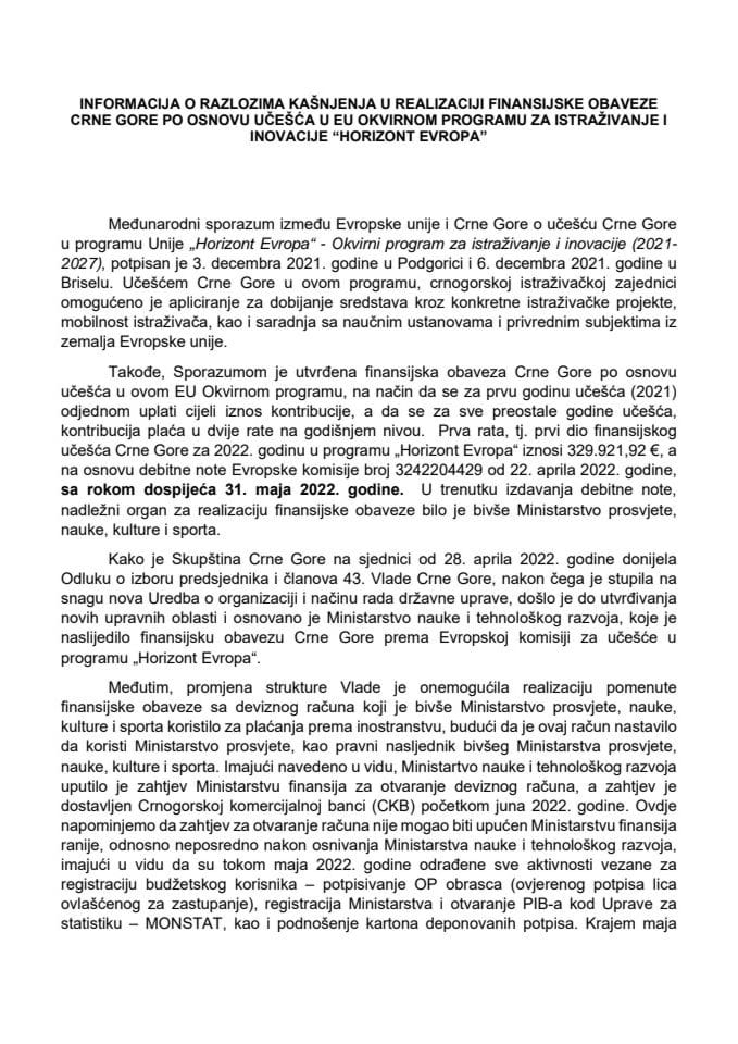 Информација о разлозима кашњења у реализацији финансијске обавезе Црне Горе по основу учешћа у ЕУ Оквирном програму за истраживање и иновације „Хоризонт Европа“ (без расправе)