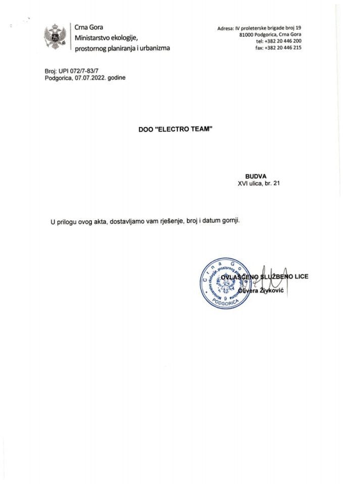Licence projektanata i izvođača radova - UPI 072-7-83-7 DOO ELECTRO TEAM