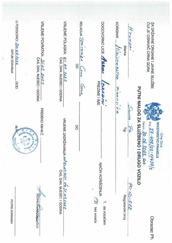 Putni nalozi za kontrolu upotrebe službenih i drugih vozila i potrošnja goriva, Ministarstva finansija PG-CG 522