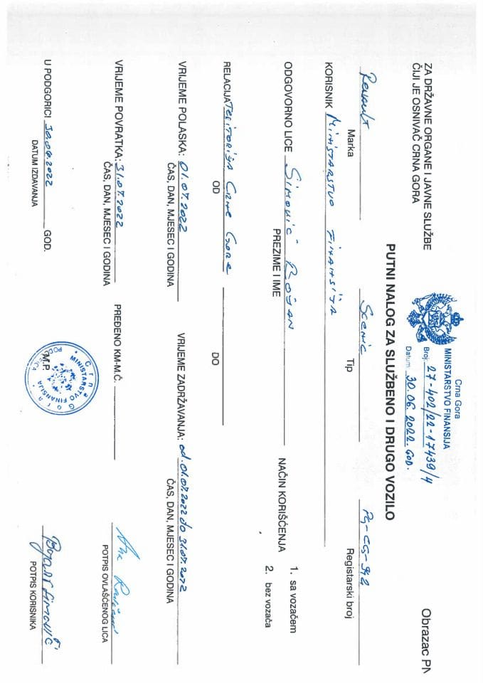 Putni nalozi za kontrolu upotrebe službenih i drugih vozila i potrošnja goriva, Ministarstvo finansija PG-CG 942