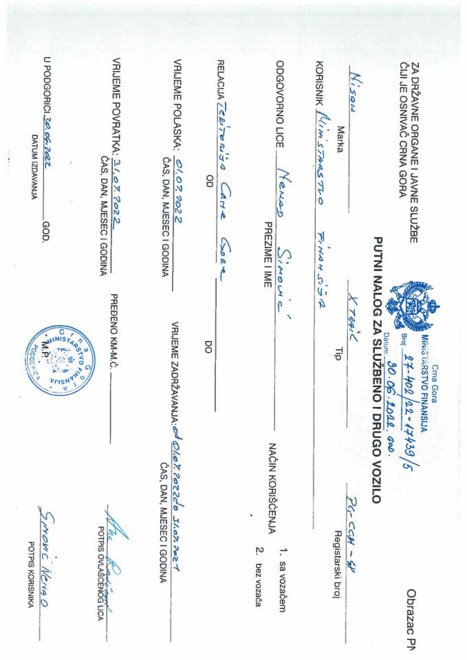 Putni nalozi za kontrolu upotrebe službenih i drugih vozila i potrošnja goriva, Ministarstvo finansija PG-CG H48