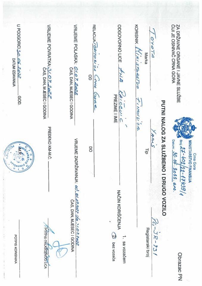 Putni nalozi za kontrolu upotrebe službenih i drugih vozila i potrošnja goriva, Ministarstvo finansija PG-JR 731