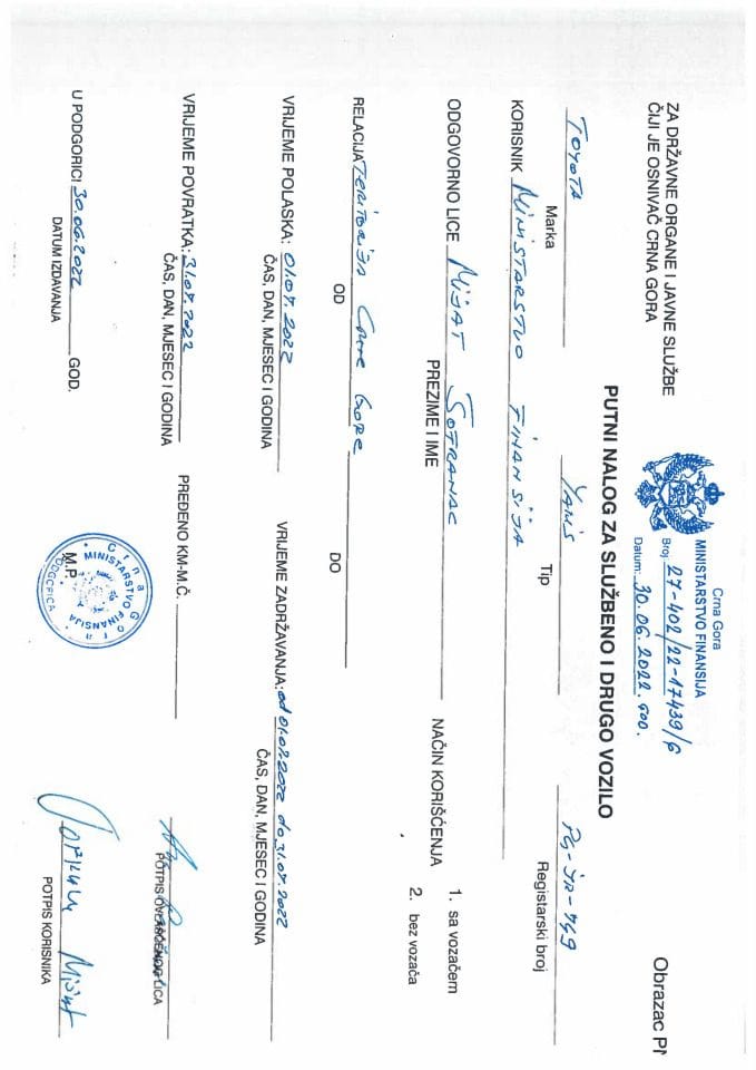 Putni nalozi za kontrolu upotrebe službenih i drugih vozila i potrošnja goriva, Ministarstvo finansija PG-JR 749