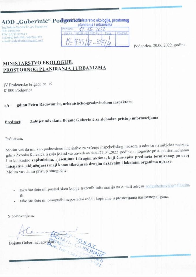 Zahtjevi - Slobodan pristup informacijama - UPI 12-745-22-3074-2 Zahtjev AOD Guberinić