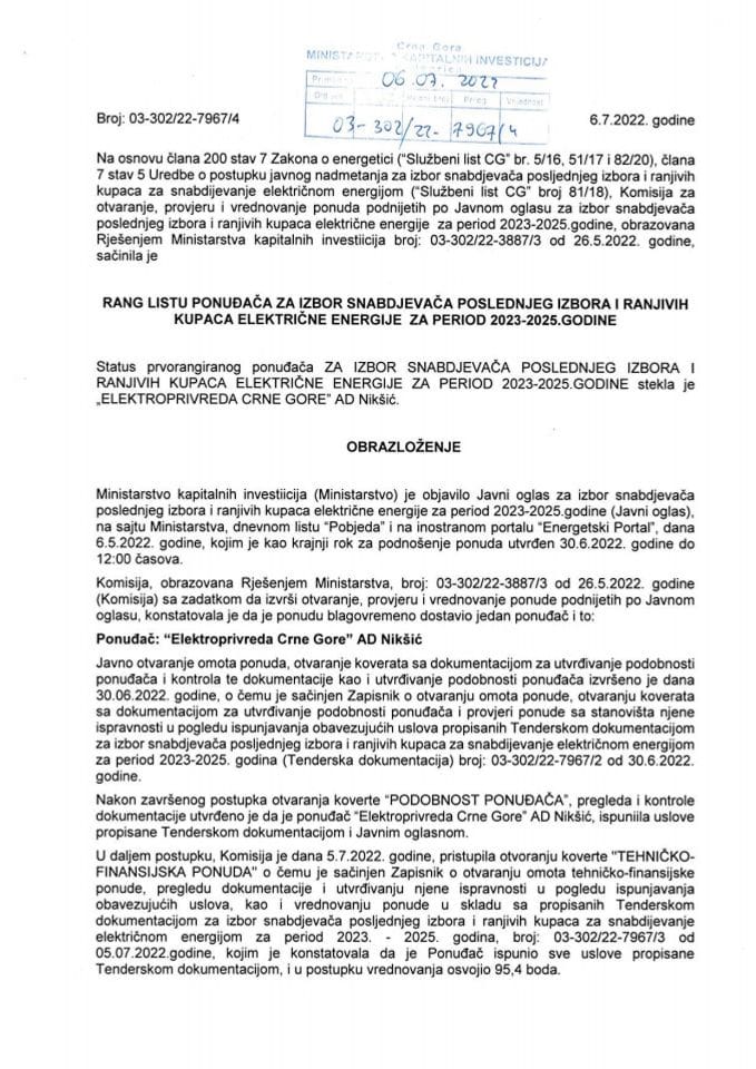 Rang lista ponuđača za izbor snabdjevača poslednjeg izbora i ranjivih kupaca električne energije za period 2023-2025.godine