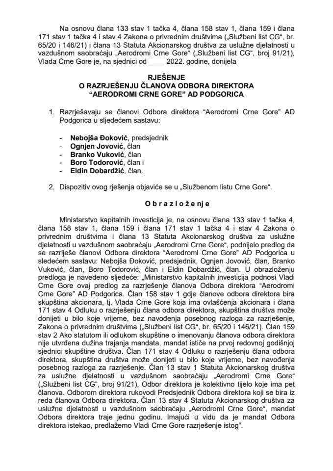 Предлог за разрјешење чланова Одбора директора “Аеродроми Црне Горе” АД Подгорица