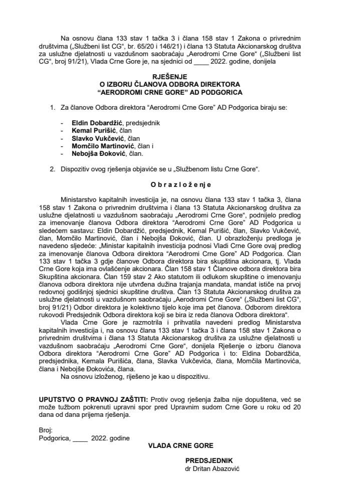 Предлог за именовање чланова Одбора директора “Аеродроми Црне Горе” АД Подгорица