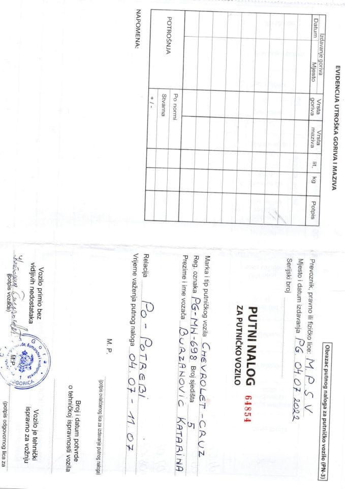 Putni nalozi Ministarstvo, poljoprivrede, šumarstva i vodoprivrede 12.7.2022. godine