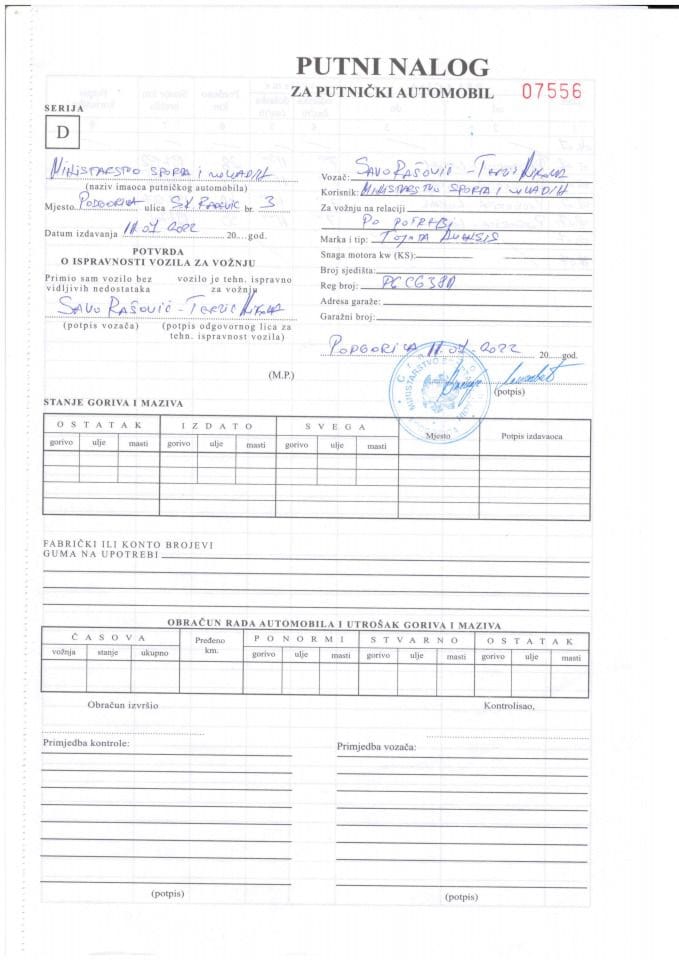 Putni nalog toyota avensis 04.07-10.07.2022