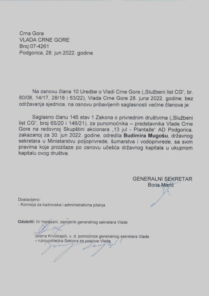 Predlog za određivanje punomoćnika – predstavnika Vlade Crne Gore na redovnoj Skupštini akcionara „13 jul - Plantaže“ AD Podgorica - zaključci