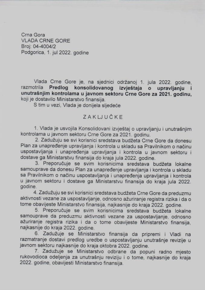 Предлог консолидованог извјештаја о управљању и унутрашњим контролама у јавном сектору Црне Горе за 2021. годину - закључци