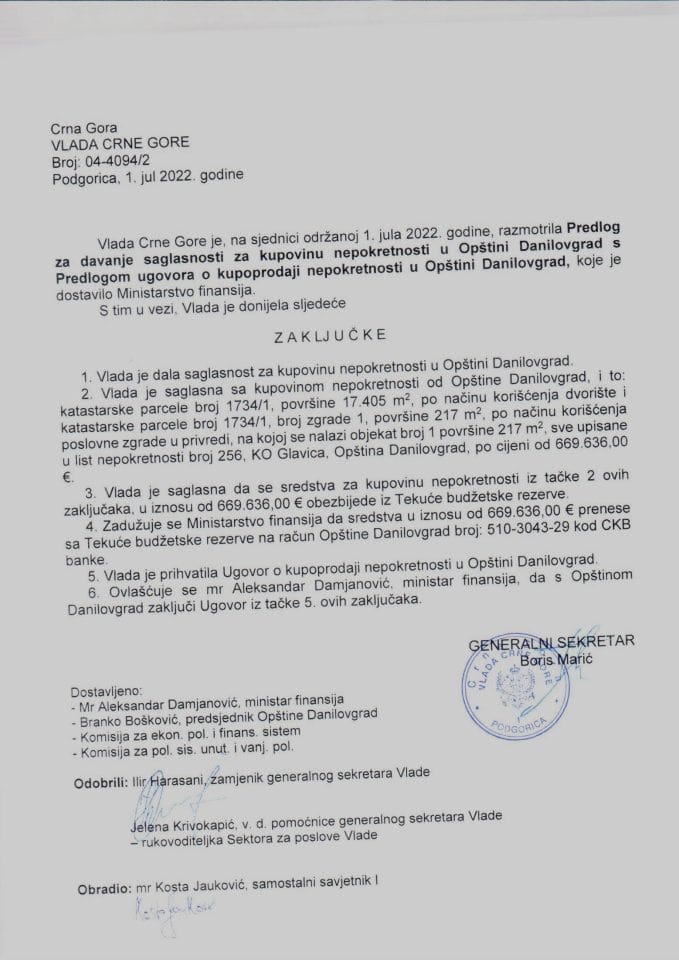 Predlog za davanje saglasnosti za kupovinu nepokretnosti u Opštini Danilovgrad s Predlogom ugovora o kupoprodaji nepokretnosti - zaključci