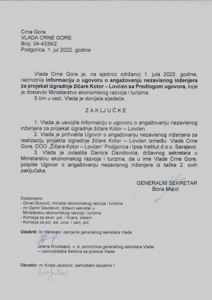 Informacija o ugovoru o angažovanju nezavisnog inženjera za projekat izgradnje žičare Kotor - Lovćen sa predlogom ugovora - zaključci