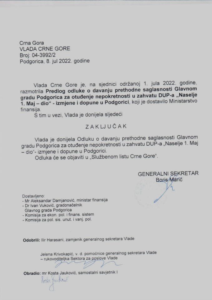 Predlog odluke o davanju prethodne saglasnosti Glavnom gradu Podgorica za otuđenje nepokretnosti u zahvatu DUP-a “Naselje 1. Maj - dio” - izmjene i dopune u Podgorici (bez rasprave) - zaključci