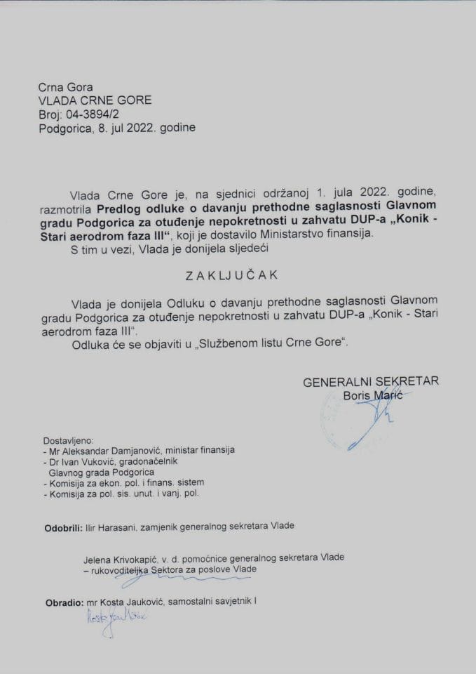 Predlog odluke o davanju prethodne saglasnosti Glavnom gradu Podgorica za otuđenje nepokretnosti u zahvatu DUP-a “Konik - Stari aerodrom faza III” (bez rasprave) - zaključci