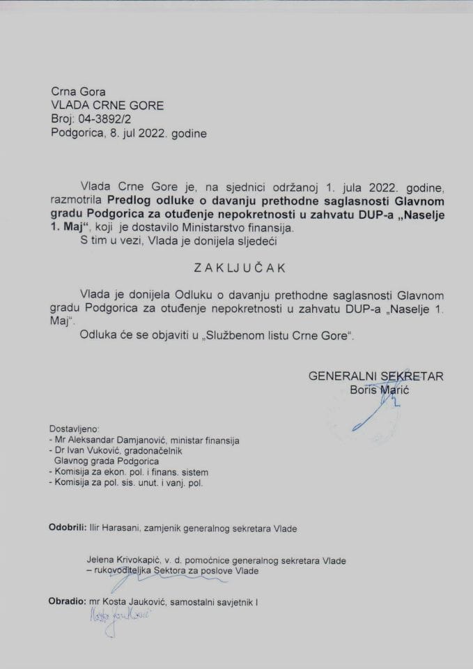 Predlog odluke o davanju prethodne saglasnosti Glavnom gradu Podgorica za otuđenje nepokretnosti u zahvatu DUP-a “Naselje 1. Maj” (bez rasprave) - zaključci