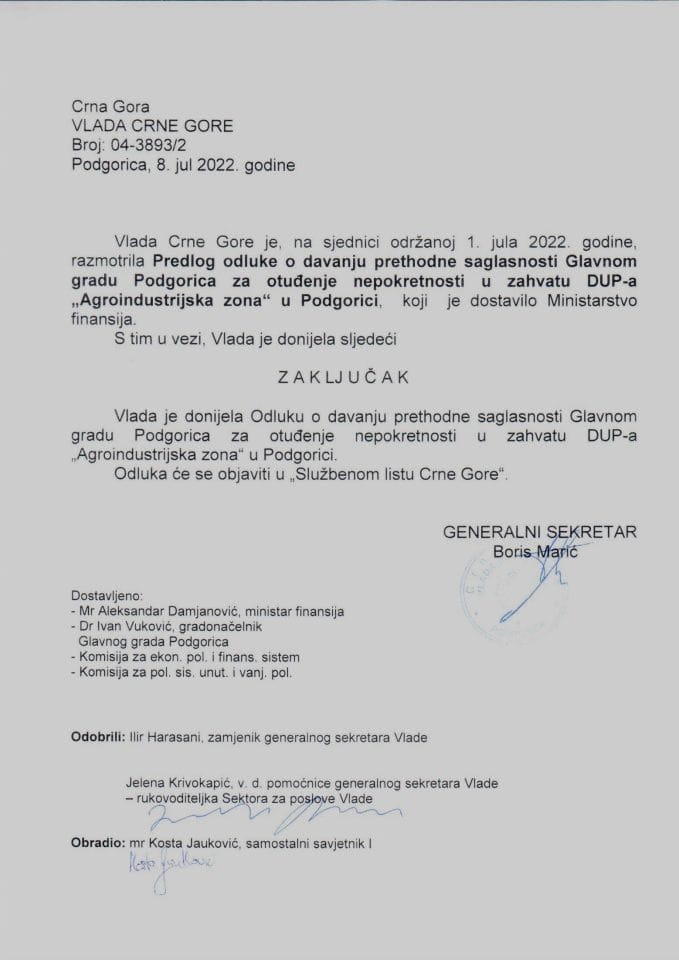 Predlog odluke o davanju prethodne saglasnosti Glavnom gradu Podgorica za otuđenje nepokretnosti, u zahvatu DUP-a “Agroindustrijska zona” u Podgorici - zaključci