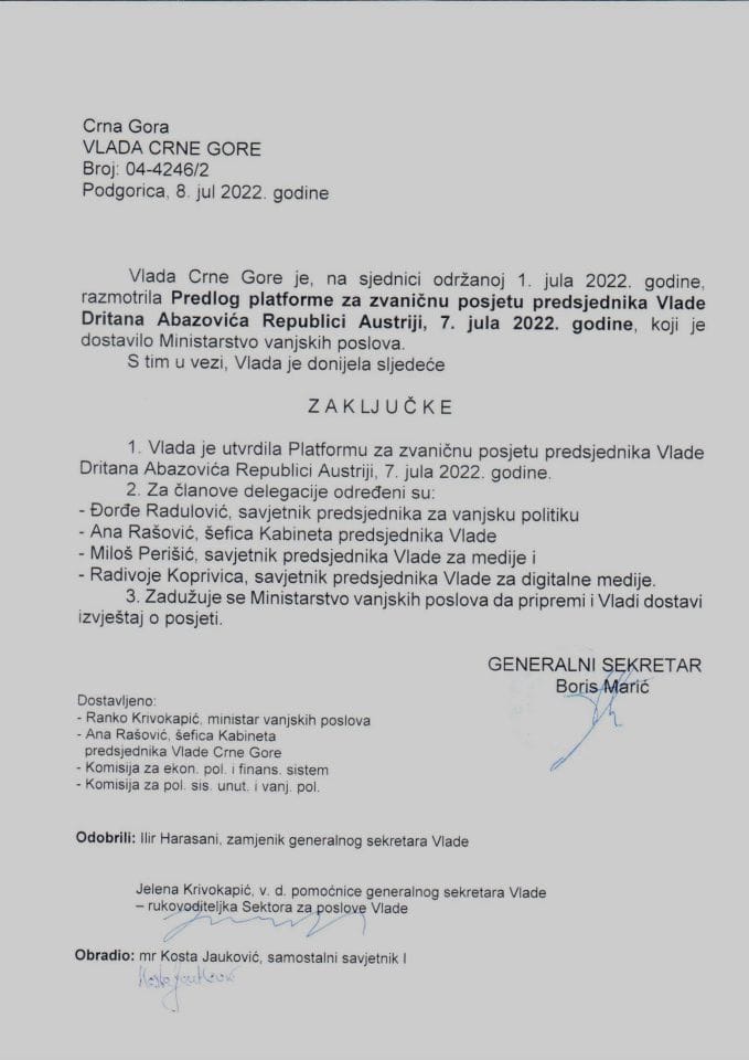 Predlog platforme za zvaničnu posjetu predsjednika Vlade Dritana Abazovića Republici Austriji, 7. jula 2022. godine (bez rasprave) - zaključci