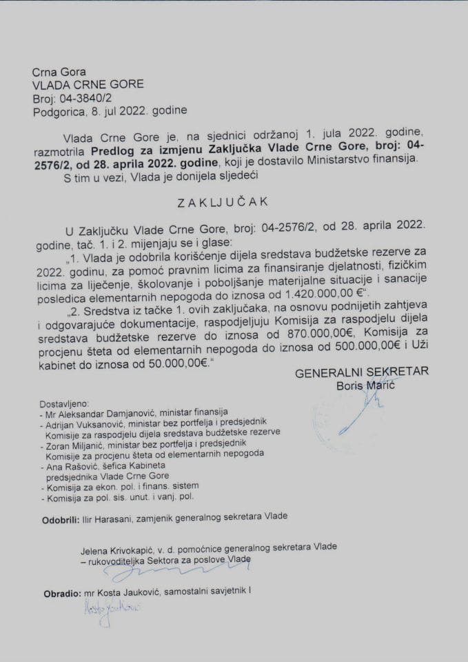 Предлог за измјену Закључка Владе Црне Горе, број: 04-2576/2, од 28. априла 2022. године (без расправе) - закључци
