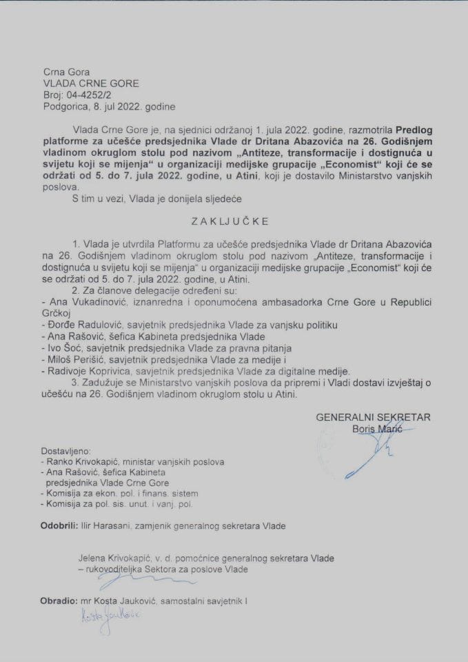 Предлог платформе за учешће предсједника Владе др Дритана Абазовића на 26. годишњем владином округлом столу под називом ''Антитезе, трансформације и достигнућа у свијету који се мијења'' - закључци