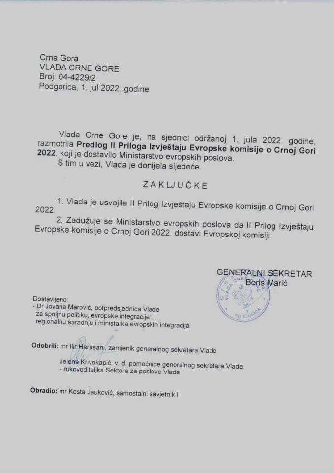 Предлог II Прилога Извјештају Европске комисије о Црној Гори 2022 - закључци