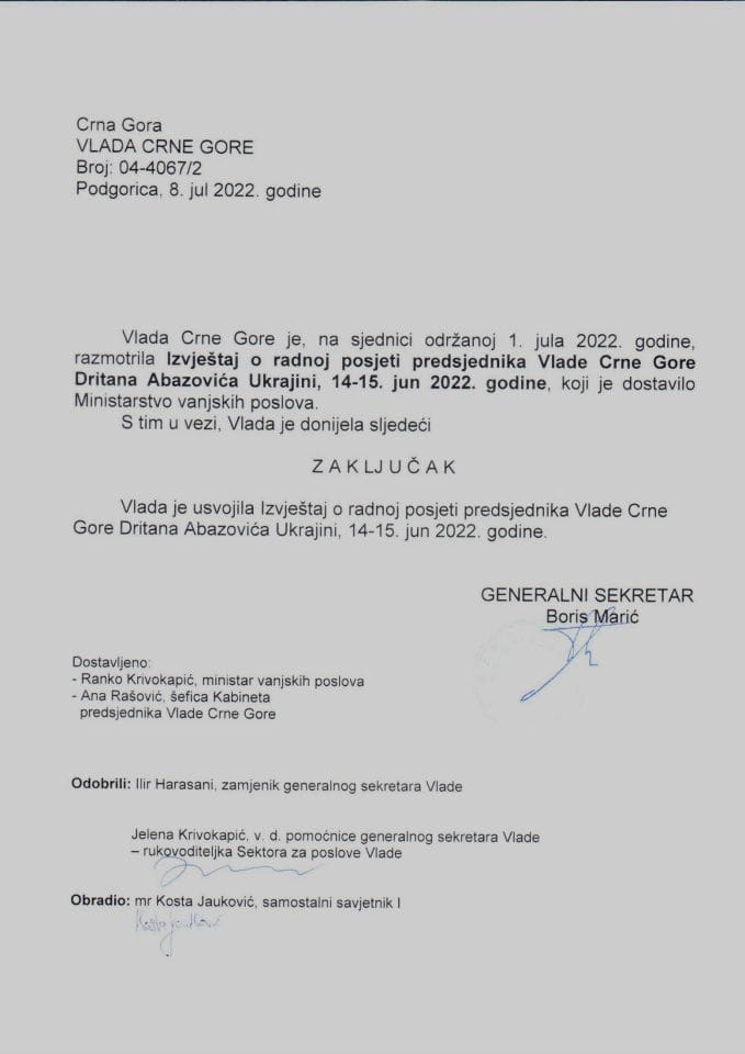 Izvještaj o radnoj posjeti predsjednika Vlade Crne Gore Dritana Abazovića Ukrajini, 14-15. jun 2022. godine - zaključci